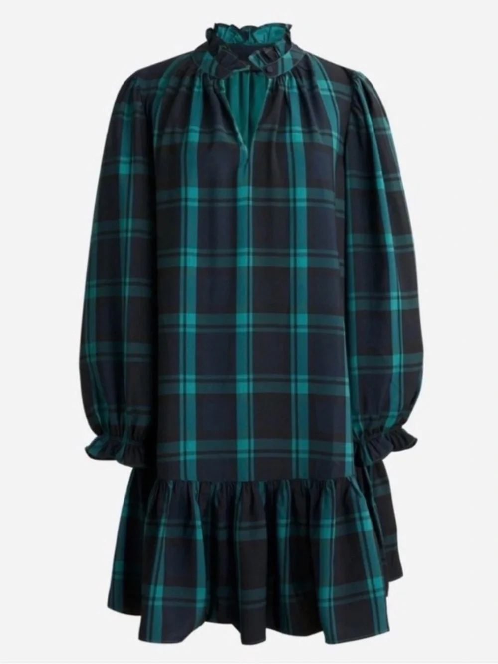 J. Crew Dark Green and Navy Plaid Long-Sleeve Ruffle-Hem Dress size Large